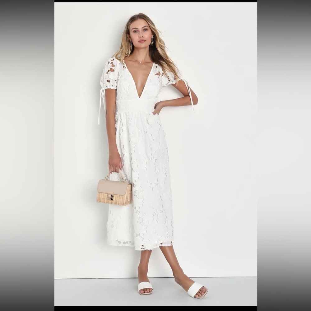 Lulu’s Flourishing Blossoms White 3D Floral Backless Midi Dress